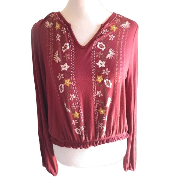 Boho Red Embroidered Peasant Crop Top Women’s S Festival Cottagecore Long Sleeve - Picture 1 of 10